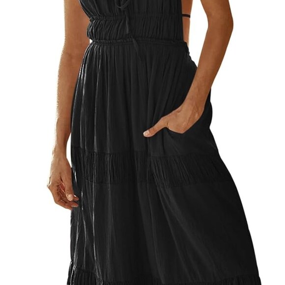 Womens Flowy Maxi Dress Polyester Tiered Casual Beach Dress with Pockets - Picture 1 of 6
